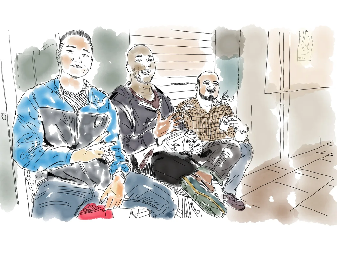 Illustration of three Sambuno teammates sitting together